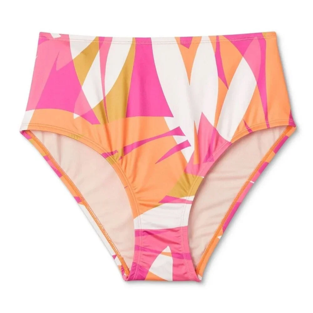 Kona Sol Large 12-14 Orange & Pink Abstract Print High Waist Bikini Swim Bottom
